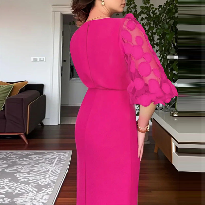 Women's Polka Dot Lace Sleeve Fit And Flare Dress, Round Neck Knee-Length Bodycon With Side Slit
