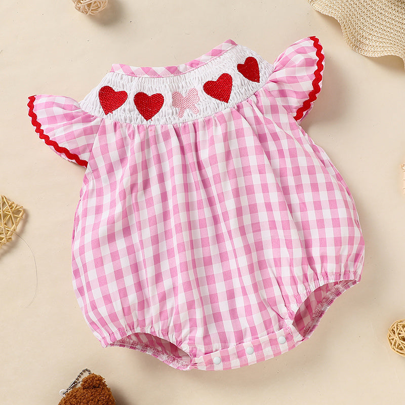 Newborn Baby Girls' Valentine's Day Smocked Romper Ruffle Sleeve Plaid Heart Embroidery Jumpsuit Casual Cute Romper