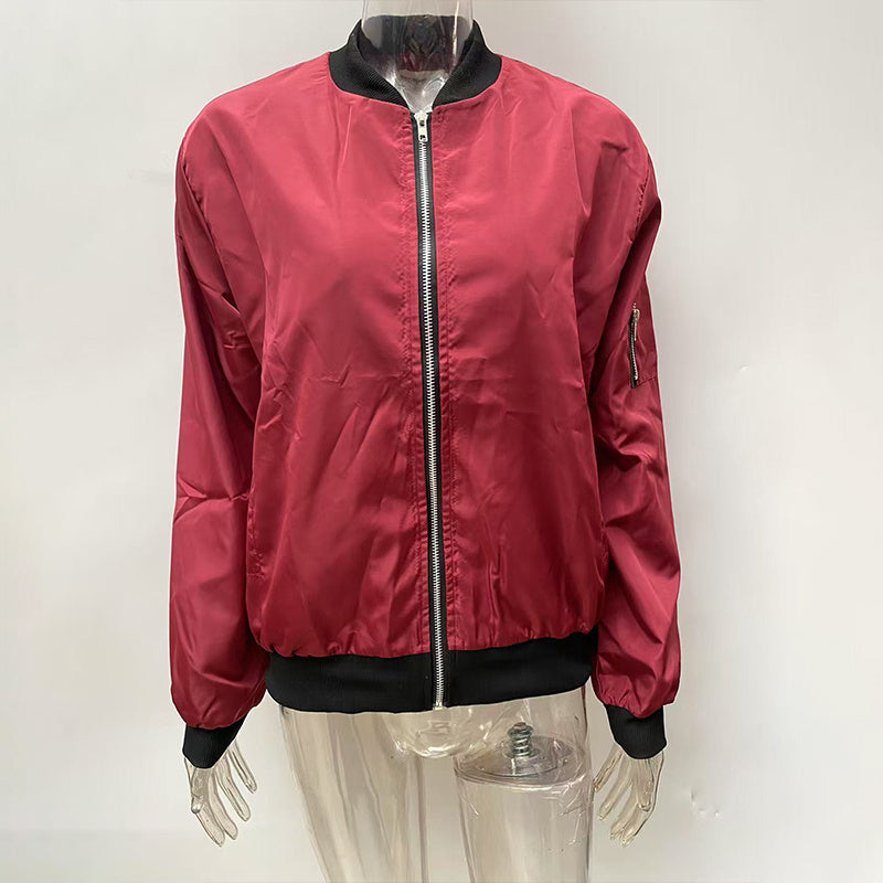 Women's Zippered Long-Sleeve Stand Collar Jacket Color-Blocked Spring & Fall Fashion Minimalist Top