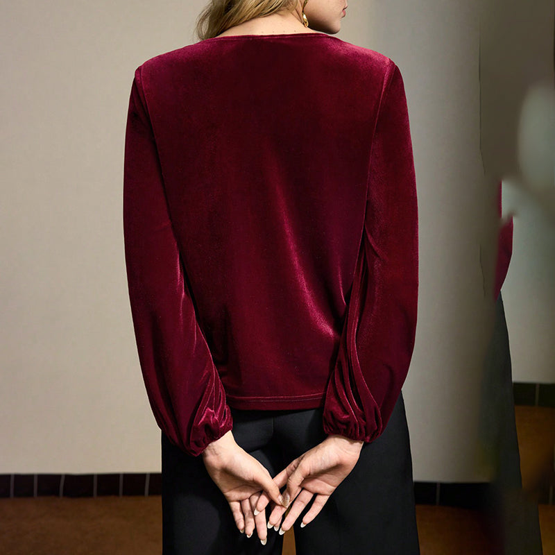 Women's Velvet Twist Knot Blouse, Asymmetric V-Neck Trendy Top