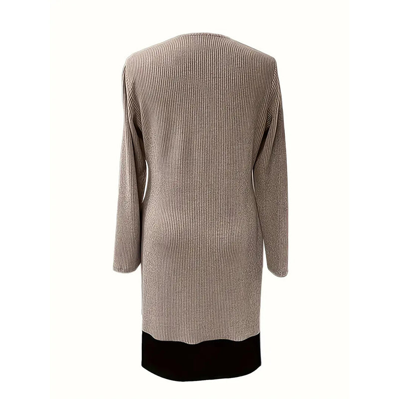 Women's Color-Block Midi Dress, Long Sleeve Faux Two-Piece Daily Dress