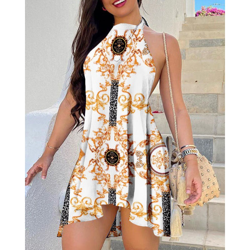 Women's Printed Backless Lace-up Dress