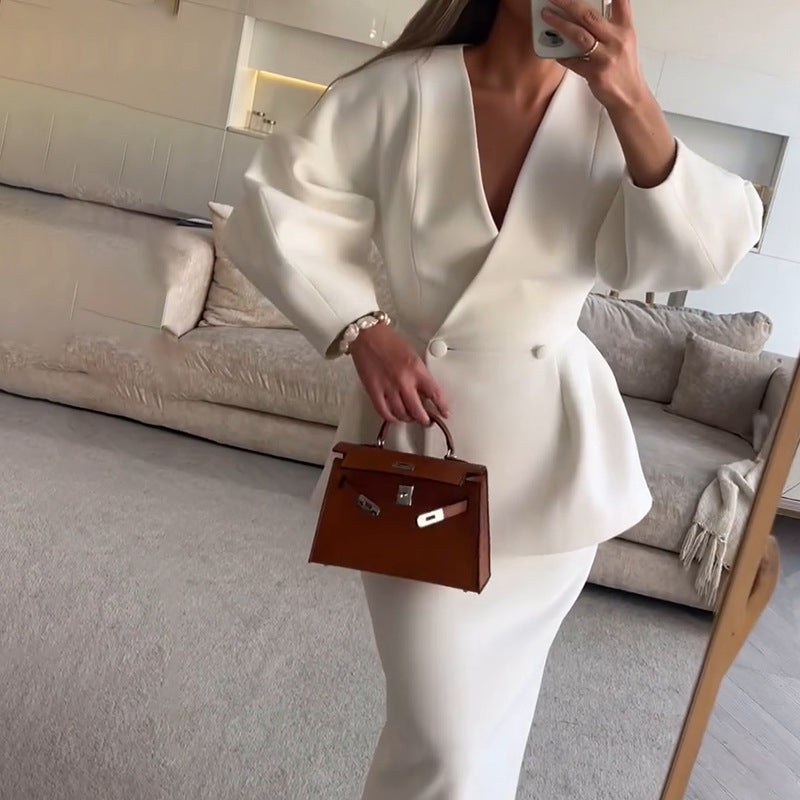 Women's Solid Color 2-Piece Set, Button Bubble Sleeve Jacket & Maxi Skirt, Office To Party Outfit