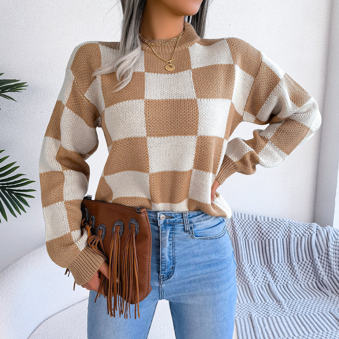 Women's Checkered Crewneck Sweater - 2025 Spring Fall Fashion Loose Pullover Top