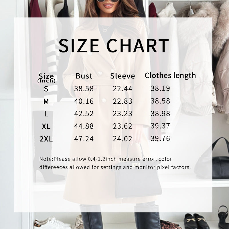 Women's Double Breasted Wool Trench Coat, Notch Lapel Midi Long Winter Coat With Belt