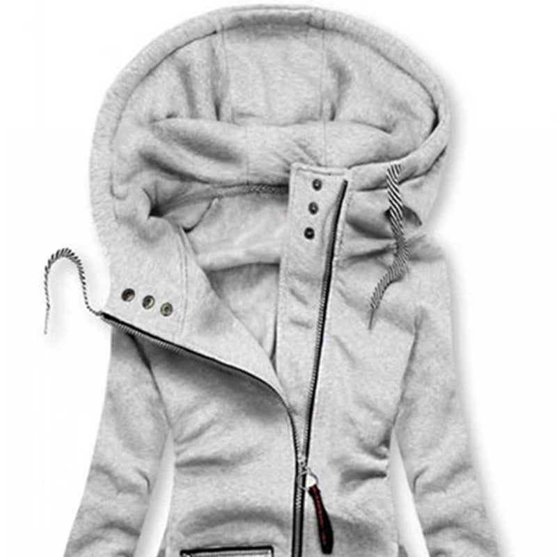 Women's Solid Color Long Sleeve Zip-Front Drawstring Hooded Jacket With Pockets Slim Fit Pleated Detail Top For Spring&Fall
