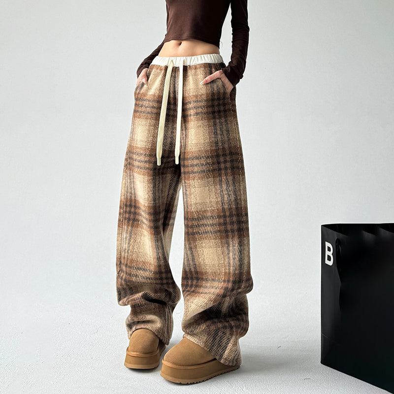 Women's High-Waisted Plaid Wide Leg Pants, Check Pattern Trousers With Drawstring Waist And Pockets