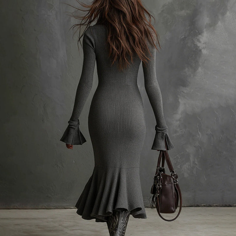 Women's Half Zip Bodycon Dress - Flared Sleeve & Fishtail Hem Long Sleeve Dress