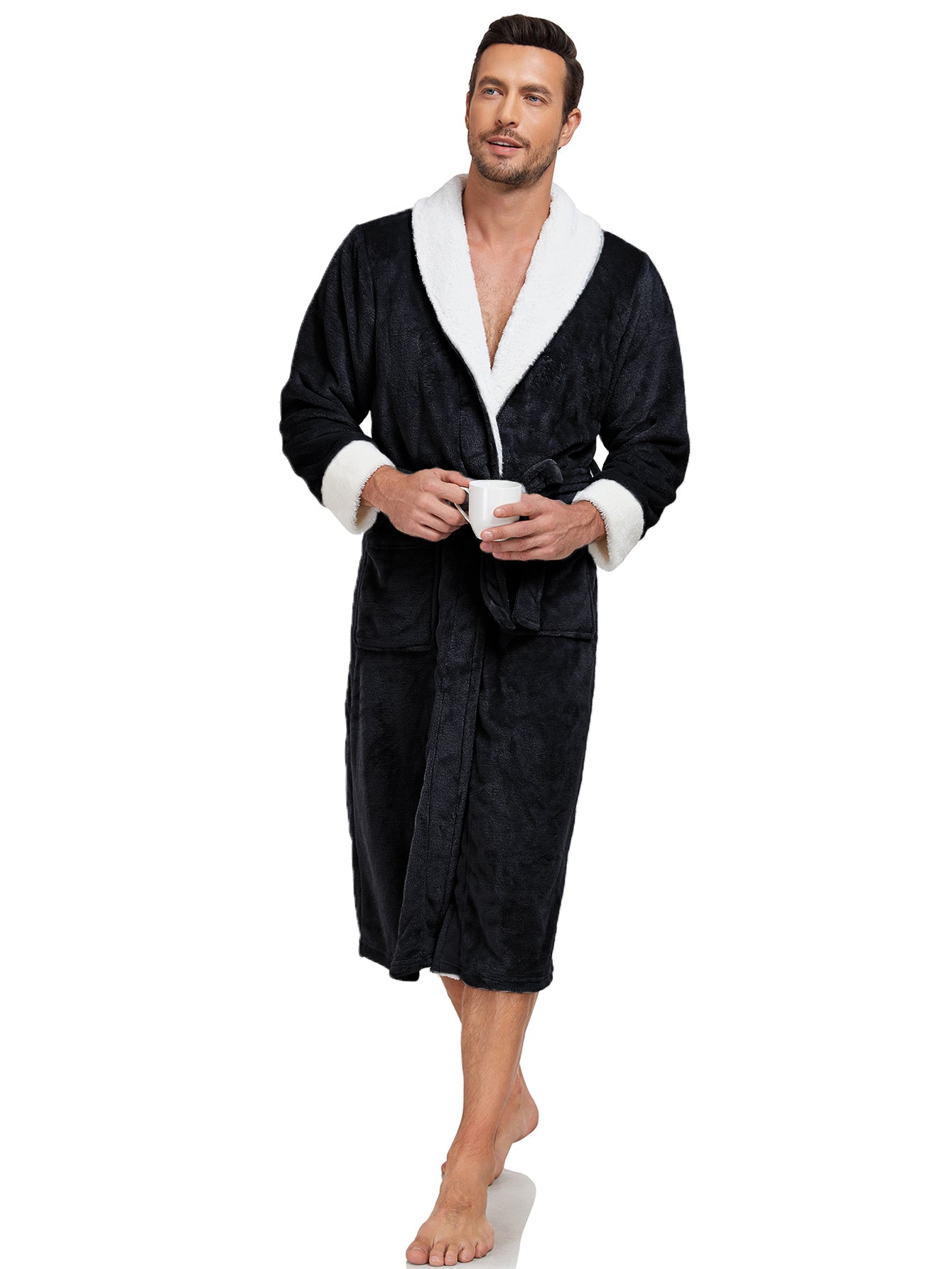 RONGTAI Men's Plush Long Bathrobe, Soft And Warm, Full Length, Shawl Collar, Fleece