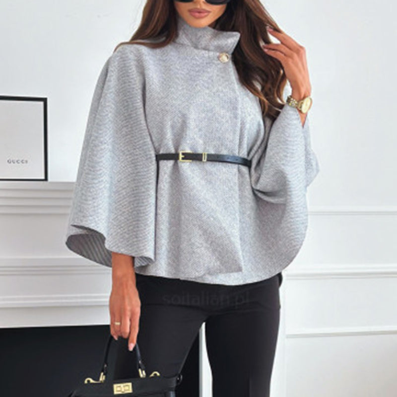 Women's Batwing Sleeve Cape Coat - Trendy Belted Stand Collar Cloak For Casual Outfits