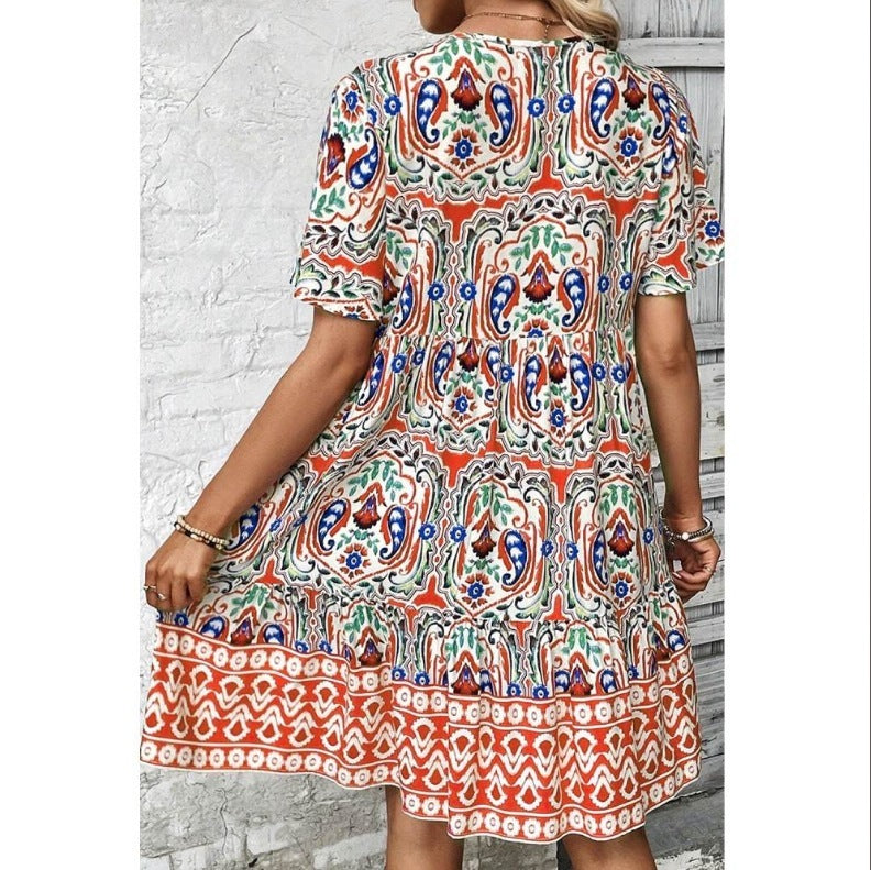 Women Casual Summer Dress Boho Drawstring V Neck Short Sleeve Floral Print Flowy Beach Dress