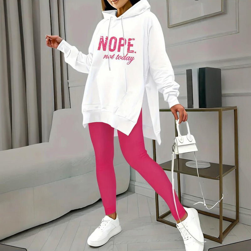 Women's Casual 2-Piece Set Solid Color Leggings & Letter Print Pocket Drawstring Hooded Sweatshirt With Split Hem Spring Fall Fashion Outfit