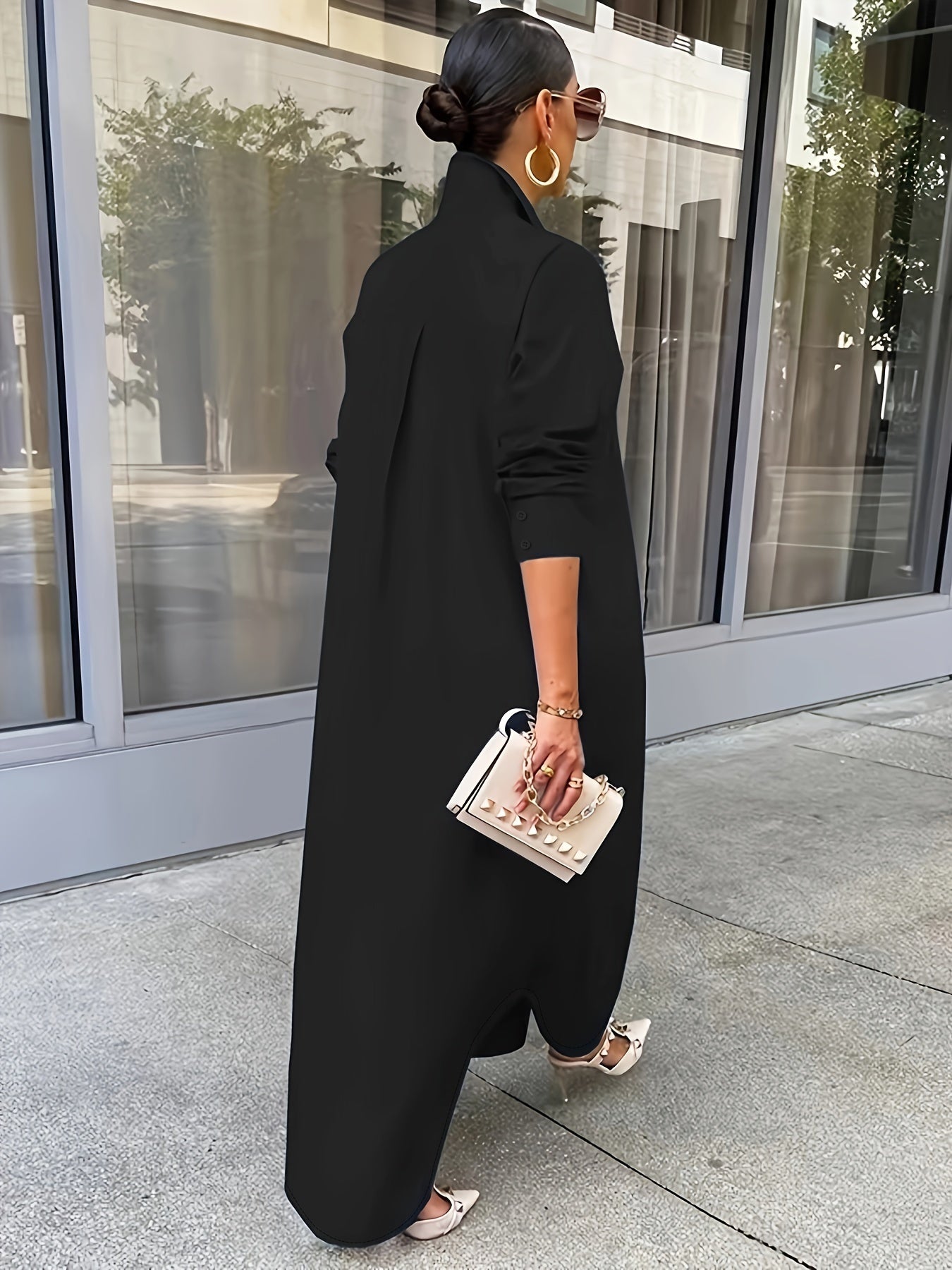 Women's Solid Button Design Longline Shirt, Casual Long Sleeve Outerwear For Daily Wear, Ladies Clothes For All Seasons, Top