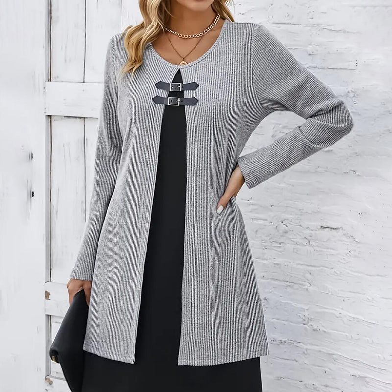 Women's Color-Block Midi Dress, Long Sleeve Faux Two-Piece Daily Dress
