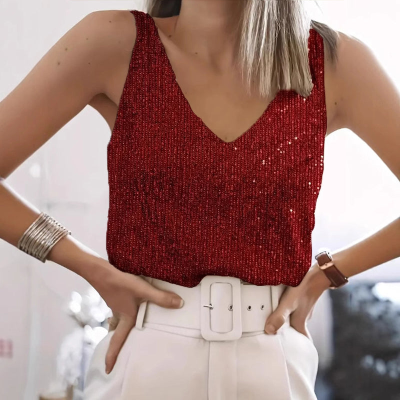 Women's Solid Color Sequin Sleeveless Top, V-Neck Sparkling Party Blouse For Casual And Evening Wear
