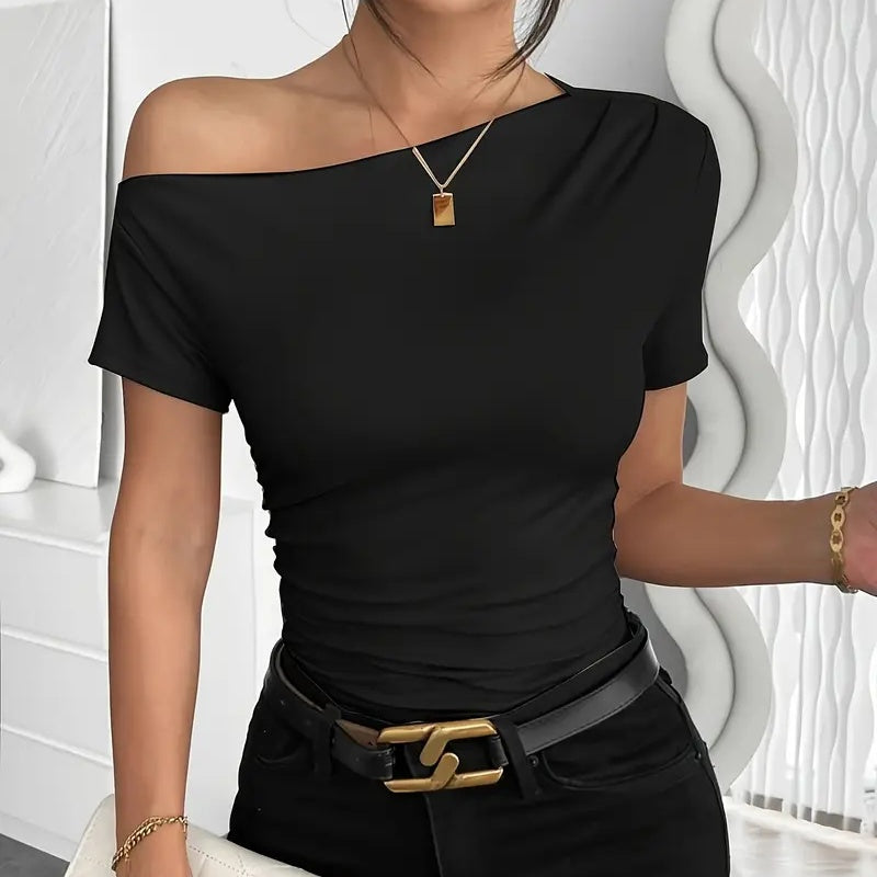 Women's Y2K Ruched One-Shoulder Top - Short Sleeve Slim Fit Summer Shirt