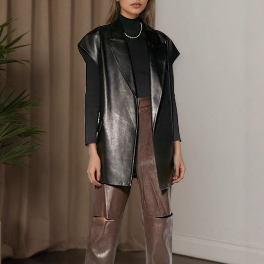 Women's Faux Leather Vest, Lapel Collar Sleeveless Casual Work Jacket With Belt