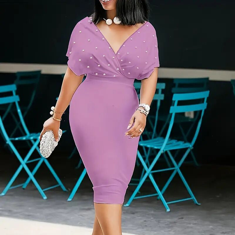 Women's Elegant Deep V Neck Wrap Bodycon Dress Back Zipper Pencil Midi Dress