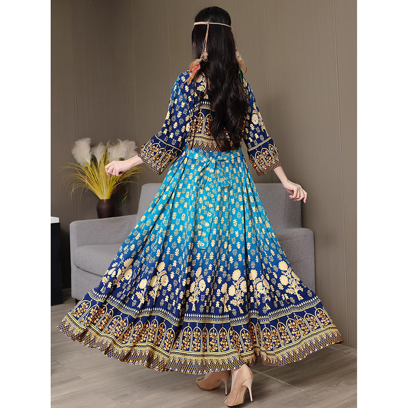 Women's Bohemian Chic Maxi Dress, Ethnic Style Embroidered Square Neck 3 4 Sleeve Flowy Party Dress
