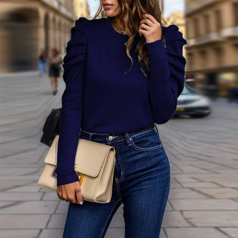 Women's Elegant Puff Sleeve Top, Ruffle Detail Long Sleeve Knit Blouse For Autumn And Winter