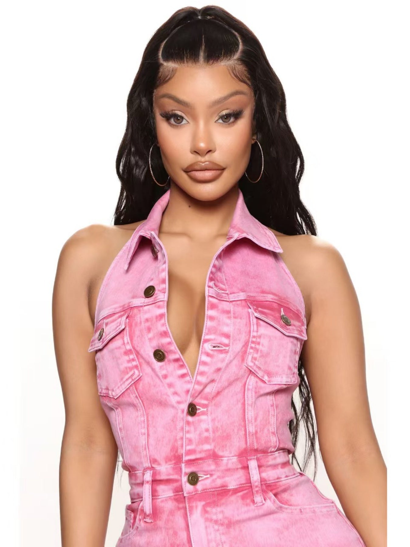 New Women's Denim Fashion High Elasticity Sexy Backless Turtleneck Pocket Work Pants Jumpsuit