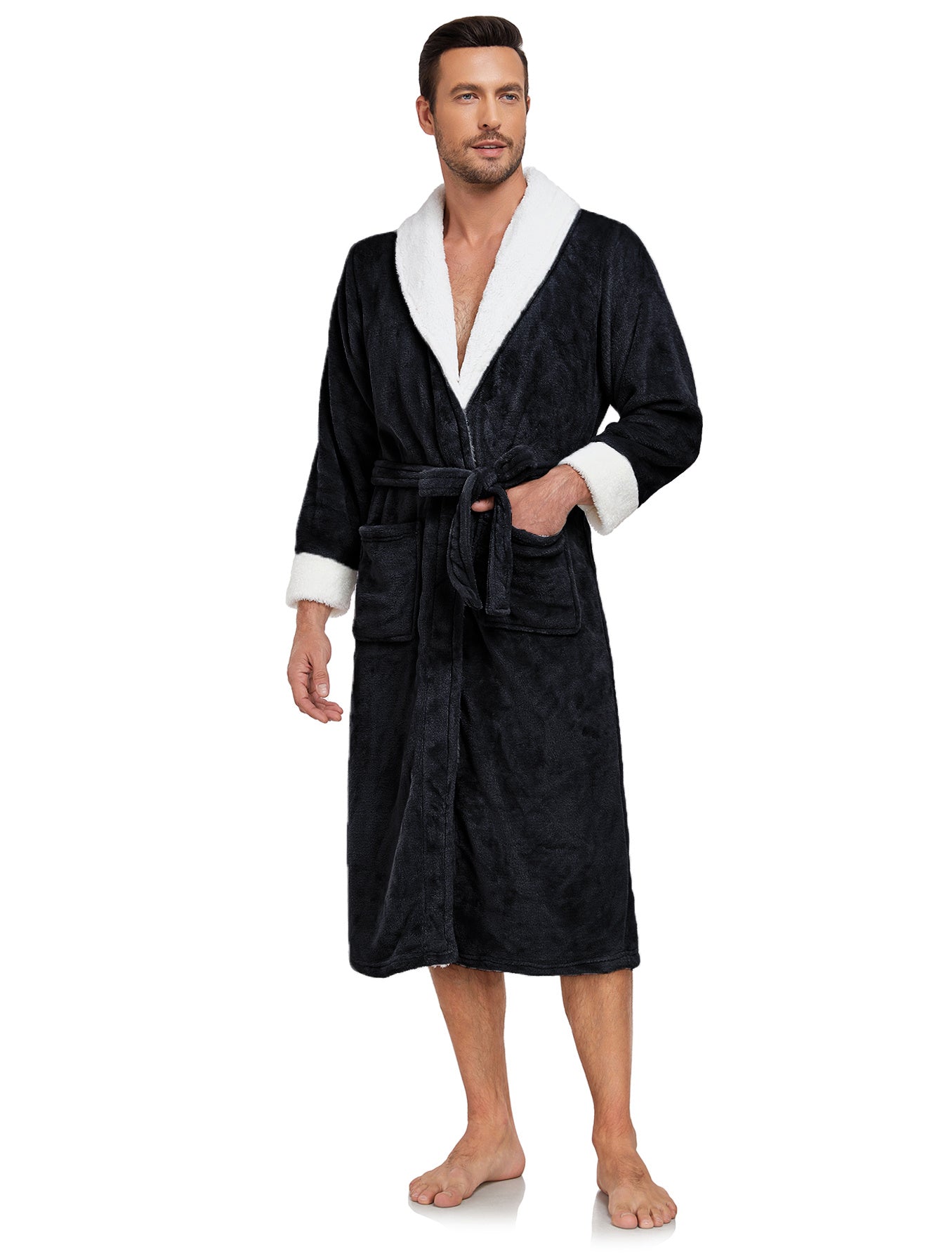 RONGTAI Men's Plush Long Bathrobe, Soft And Warm, Full Length, Shawl Collar, Fleece