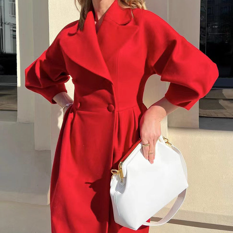 Women's Classic Winter Long Coat, Double-Breasted Belted Trench With Wide Lapel, Solid Color Oversized Overcoat For Casual Style