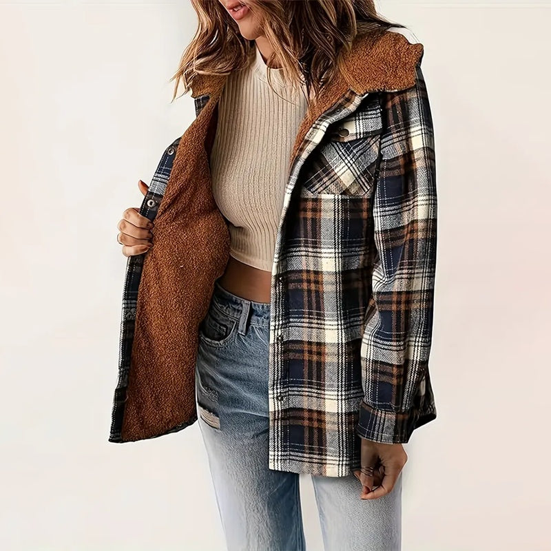 Women's Plaid Button-Up Long Sleeve Jacket Fall Winter  Flap Button Pocket Design Casual Hooded Fleece-Lined Warm Coat