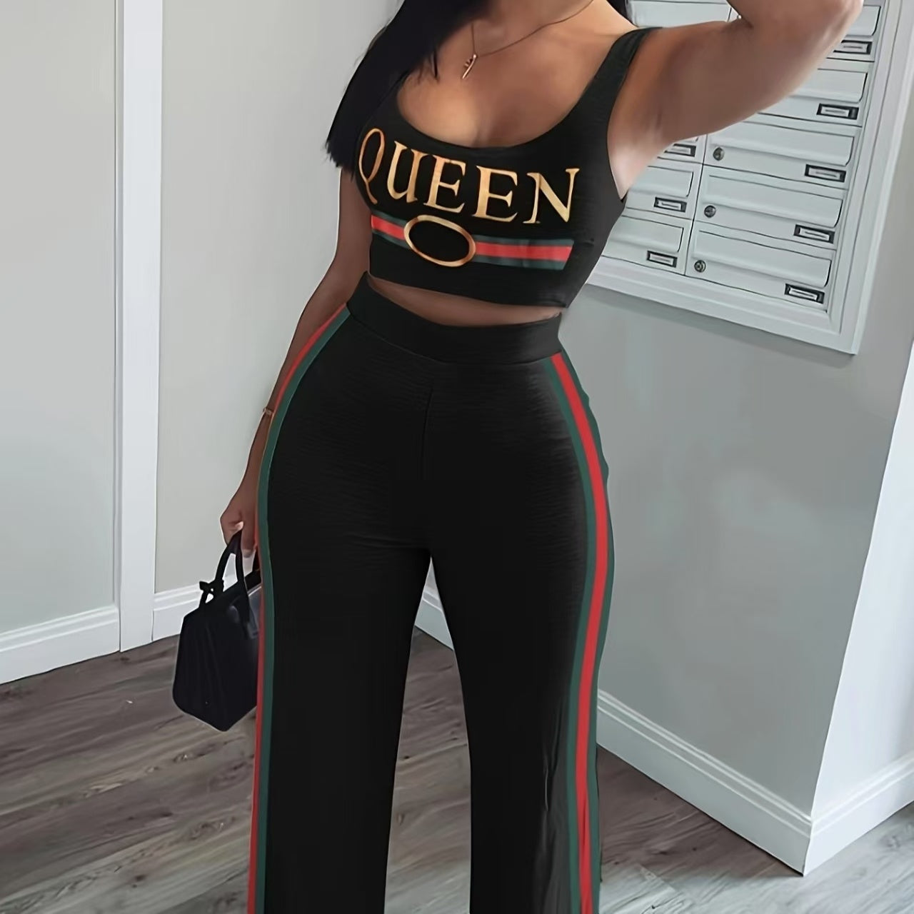 Ladies' Letter Printed Striped Fashionable Casual Set