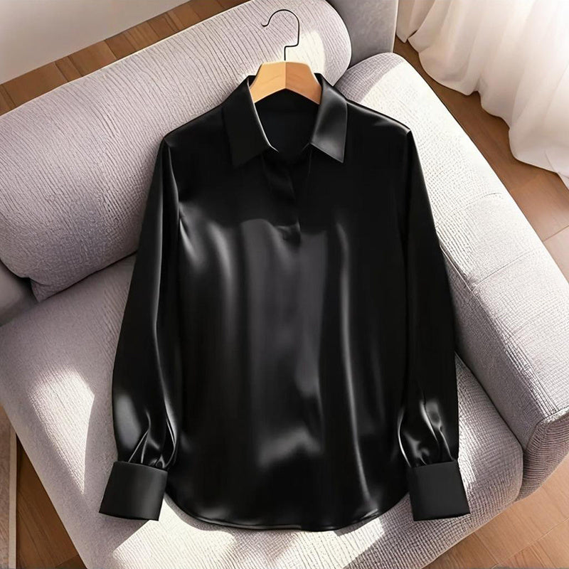 Women's Elegant Long Sleeve V-Neck Solid Color Relaxed Fit Solid Shirt, Business Casual Office Blouse For Fall