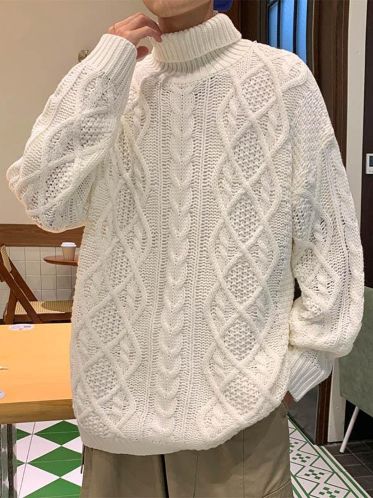 Japanese-style Retro Green Jacquard Turtleneck Sweater