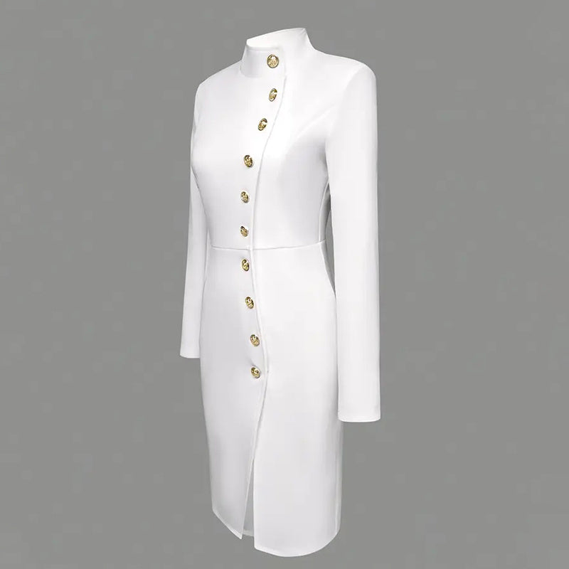 Elegant Solid Color Women's Long Sleeve Dress, Stand Collar With Golden Buttons Bodycon Slit Hem Dress For Formal Occasions