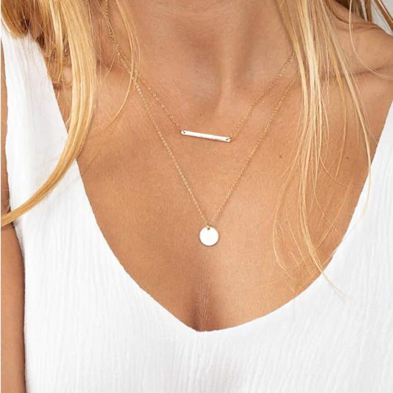 3pcs Dainty Layered Choker Necklace, Handmade 14K Gold Plated Y Pendant Necklace Multilayer Bar Disc Necklace Adjustable Layering Choker Necklaces For Women