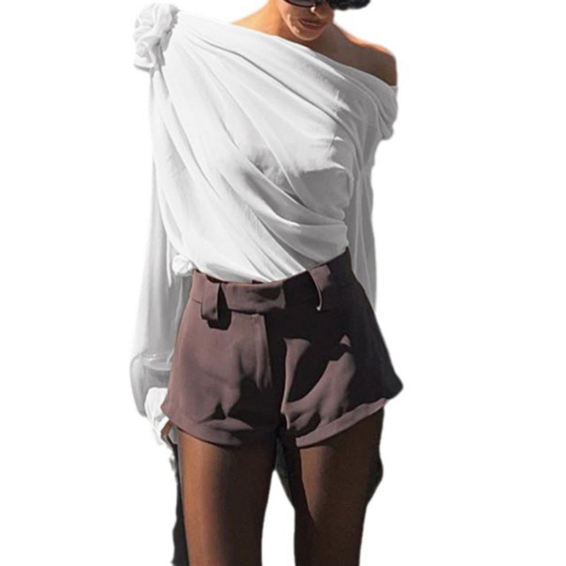 Women's Off Shoulder Tops Elegant Long Sleeve Asymmetrical Neck Ruched Chiffon Blouse Shirts Going Out Top Y2k Shirts