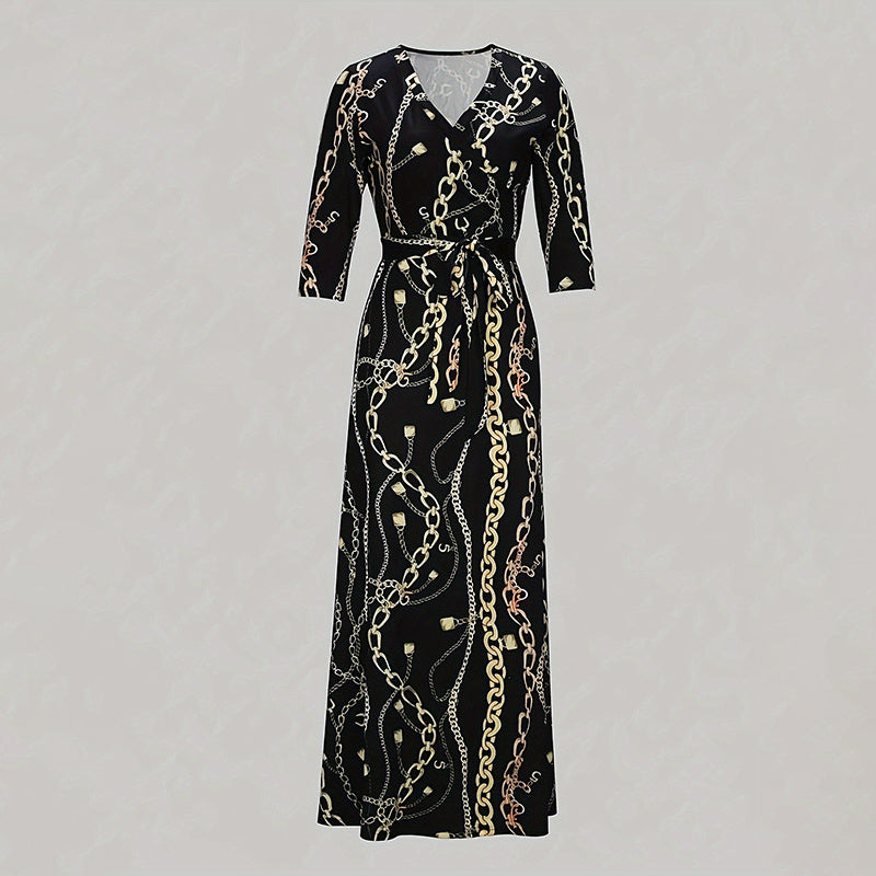 Women's Summer Geometric Print Maxi Dresses Casual 3 4 Sleeve V-Neck Tie Waist Long Dress