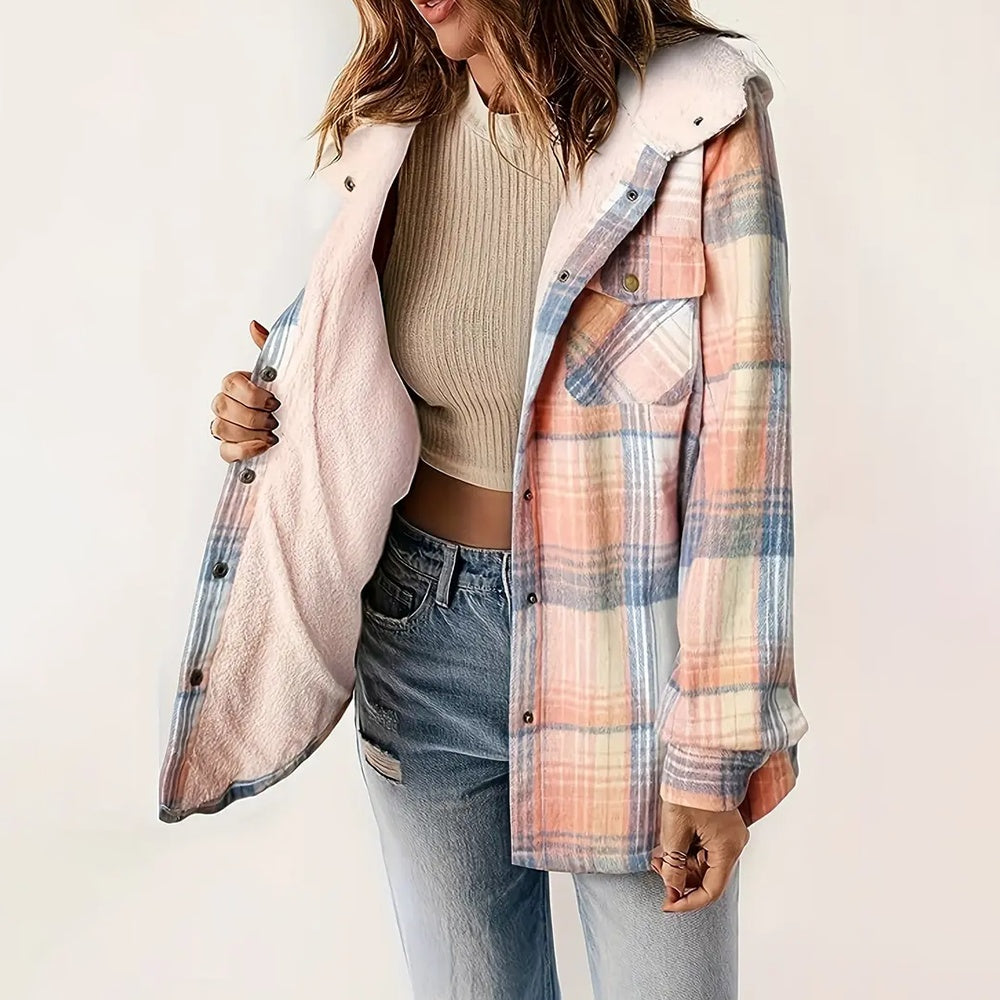 Women's Plaid Button-Up Long Sleeve Jacket Fall Winter  Flap Button Pocket Design Casual Hooded Fleece-Lined Warm Coat