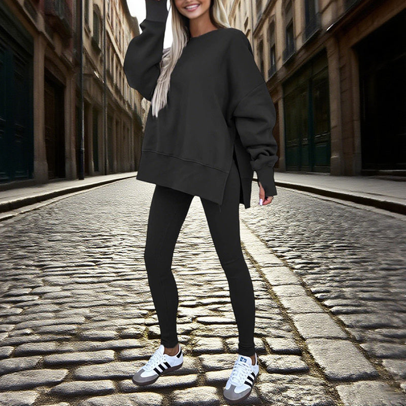 Women's Solid Color 2-Piece Set Casual Tracksuit, Long Sleeve Crewneck Sweatshirt With Side Slits & Slim Fit Jogger Pants