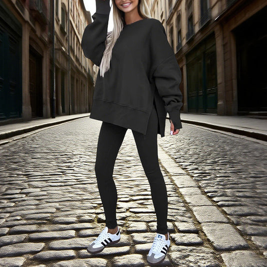Women's Solid Color 2-Piece Set Casual Tracksuit, Long Sleeve Crewneck Sweatshirt With Side Slits & Slim Fit Jogger Pants