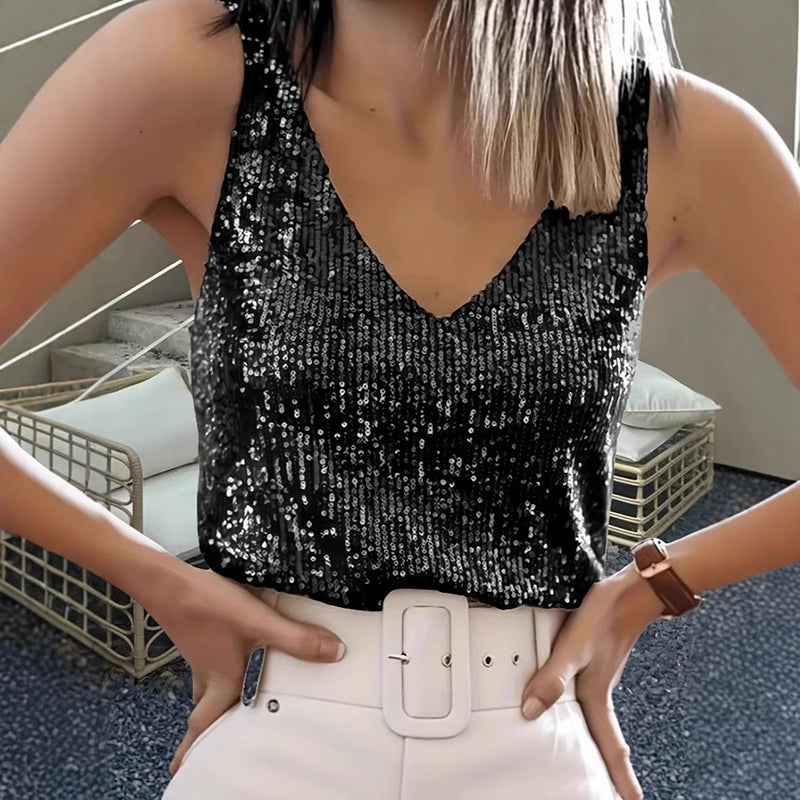 Women's Solid Color Sequin Sleeveless Top, V-Neck Sparkling Party Blouse For Casual And Evening Wear