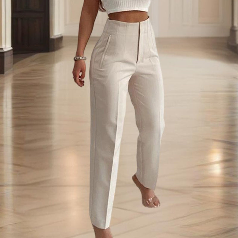 Women's High-Waisted Straight Leg Pants Casual Solid Color Pants With Button & Zipper Detail Comfortable Trousers With Pockets