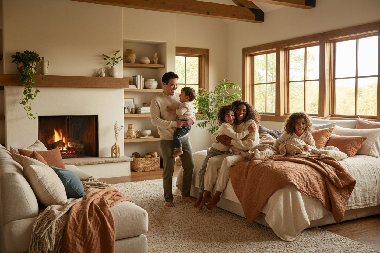 Diverse happy family enjoying quality time with clothing and bedding products