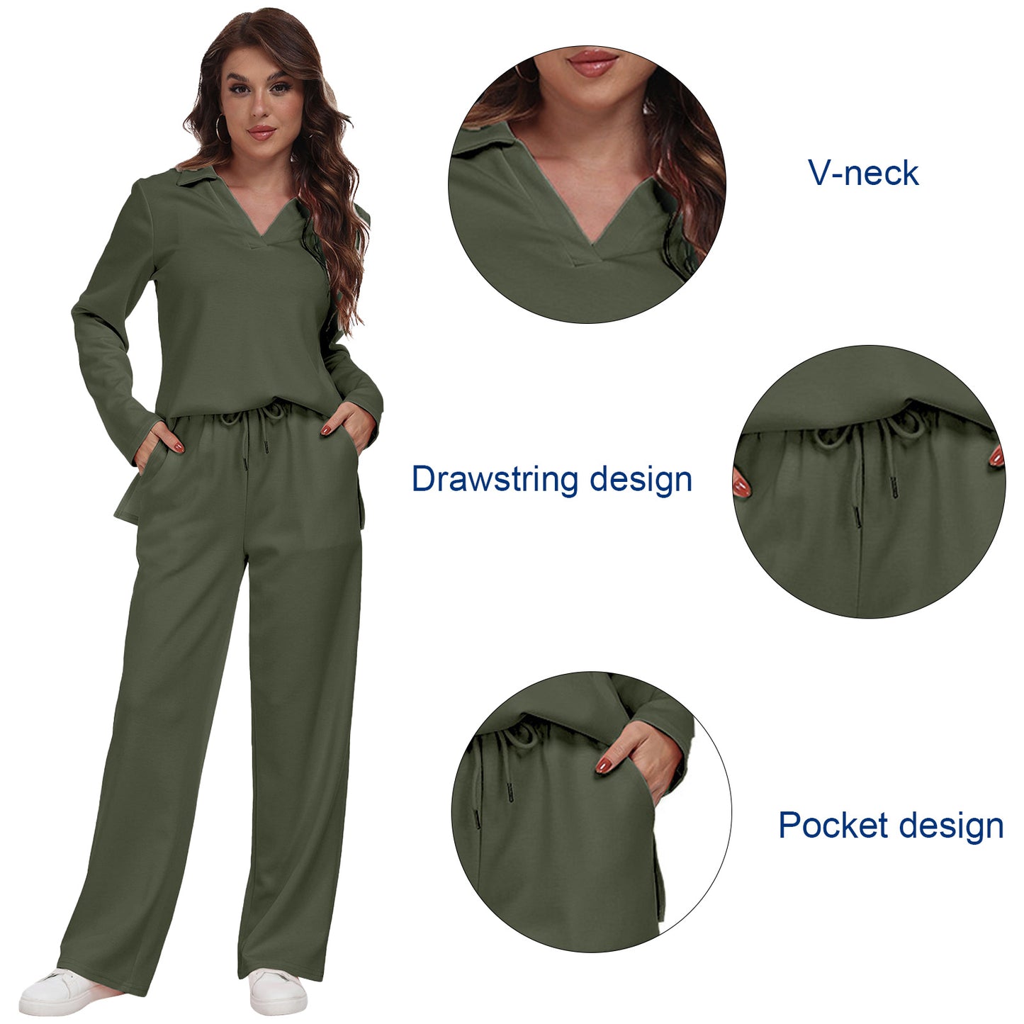 RONGTAI 2 Piece Outfits Sweatsuit For Women Casual Long Sleeve V Neck Pullover Tracksuit Solid Soft Comfy Tracksuits Set