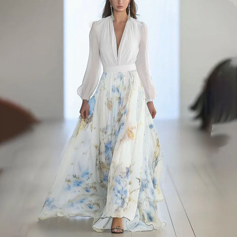 Women's Deep V-Neck Floral Print Boho Maxi Dress With Long Sleeves - A-Line Waist Ruffle Hem Dress For Spring&Summer Vacation