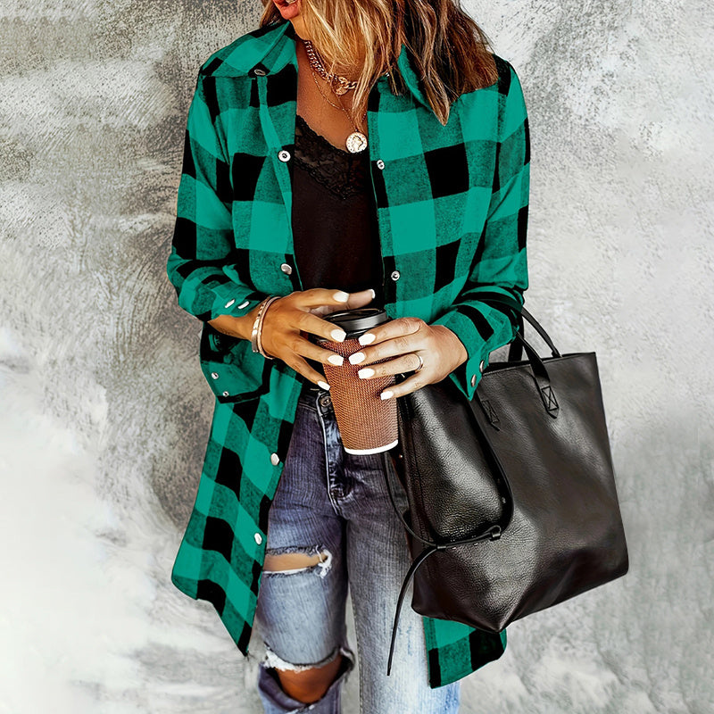 Women's Long Sleeve Plaid Print Button Front Casual Shirt For Spring & Fall
