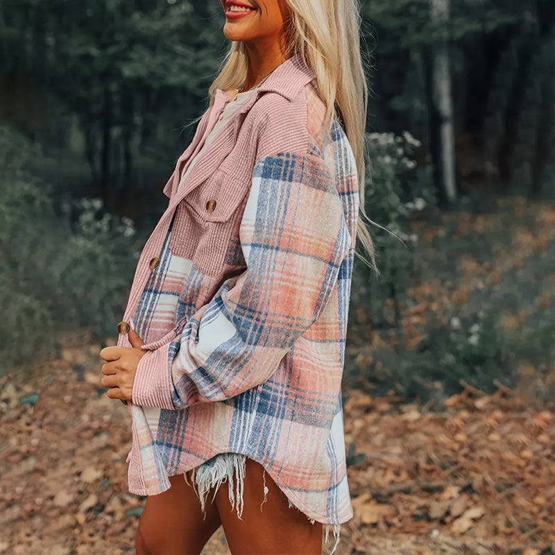Women's Notch Lapel Check Print Long Sleeve Shirt - Button Front Pocket Detail Casual Blouse