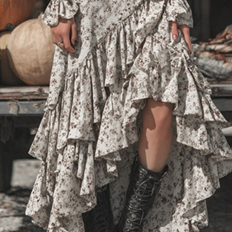 Women's Sexy Deep V Neck Dress, Elegant Bow Tie Front Lantern Sleeve Asymmetrical Tiered Ruffle Dress