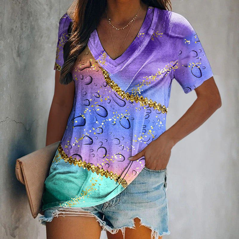 Gradient Tie-dye Printed V-neck Casual T-shirt Top