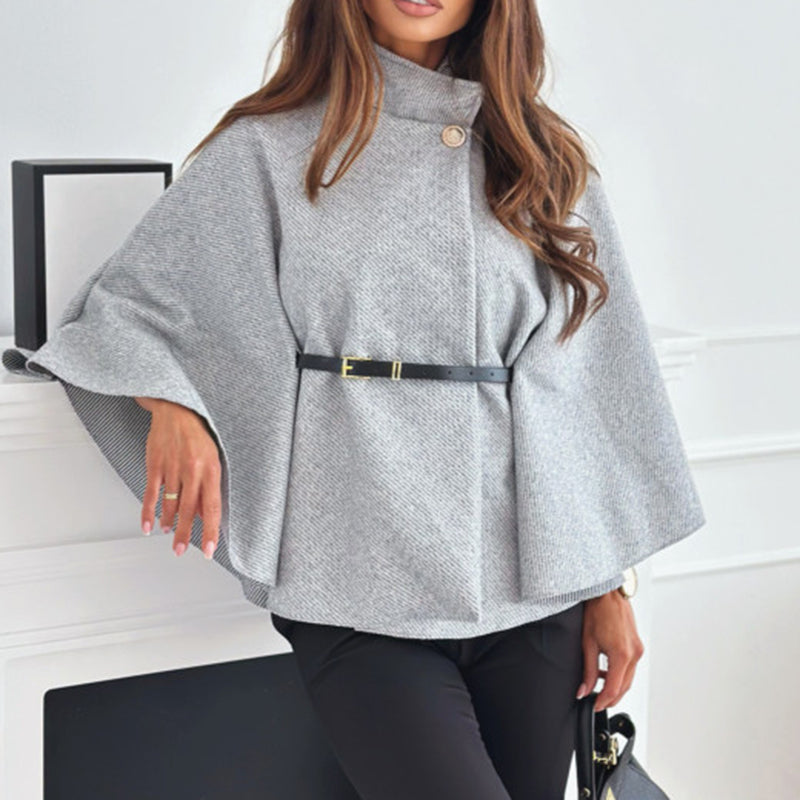 Women's Batwing Sleeve Cape Coat - Trendy Belted Stand Collar Cloak For Casual Outfits