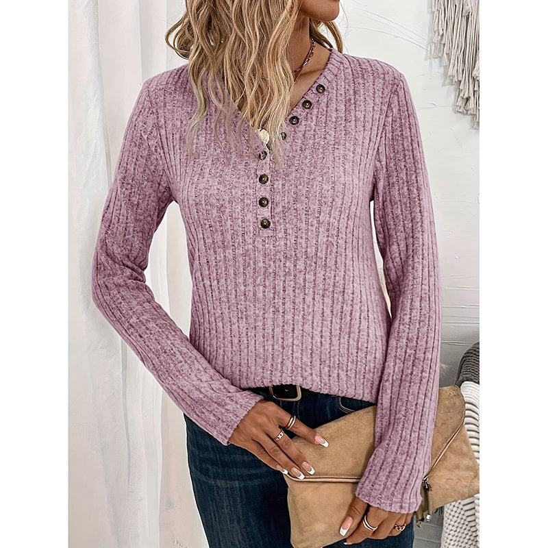 Womens Long Sleeves Ribbed Knit Tunic Shirts V Neck Button Down Slim Fit Blouses Tops