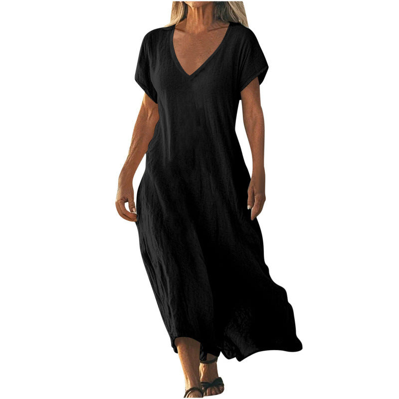 Cotton Linen V-neck Short Sleeve Loose Dress Women's Clothing